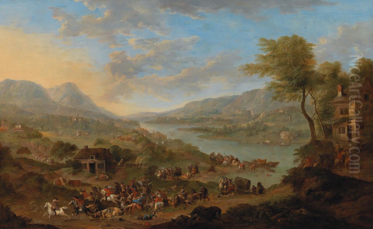 Cavalry skirmish near a river Oil Painting by Karel Breydel