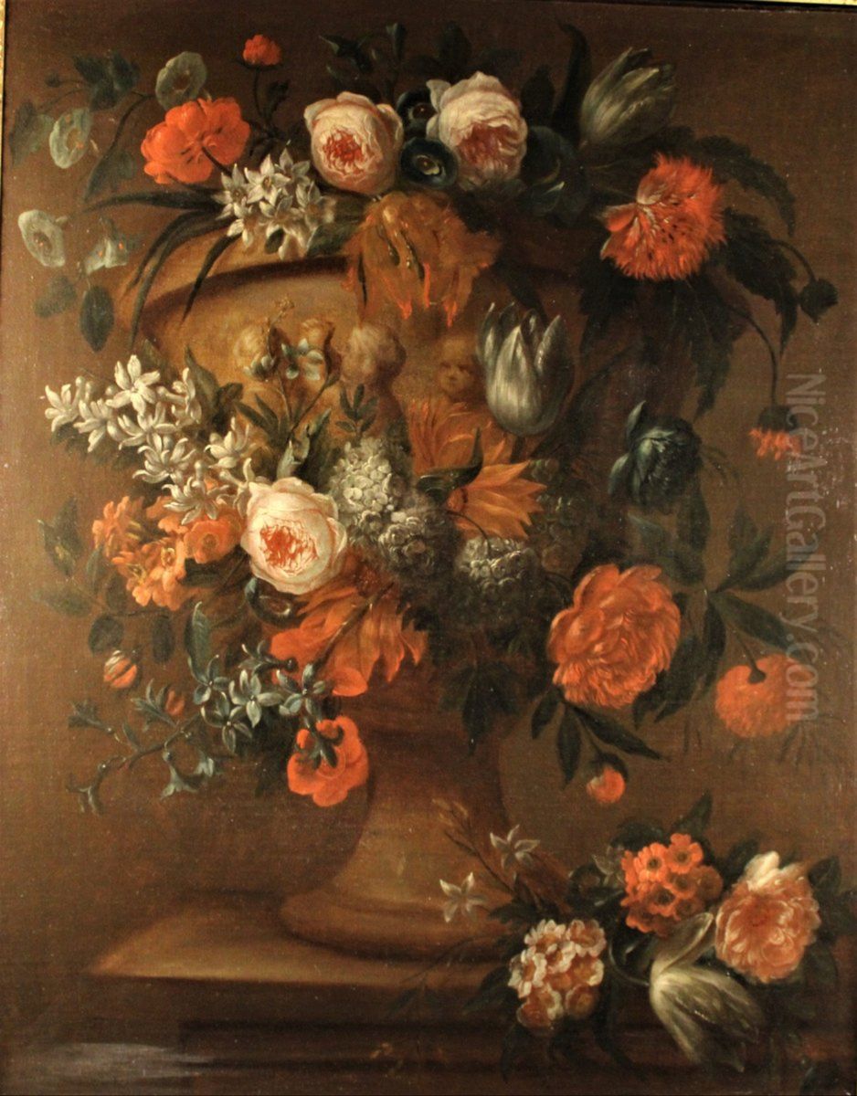 Vase of flowers on an entablature Oil Painting by Ignatius van der Beken