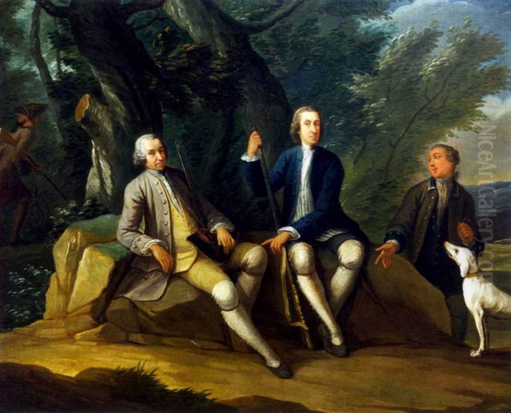 Hunting party; portrait of two gentlemen as hunters Oil Painting by Joseph van Aken