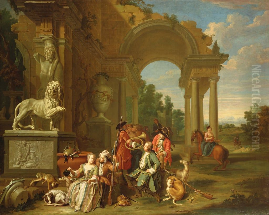 Hunting party in classical ruins Oil Painting by Peter Jacob Horemans