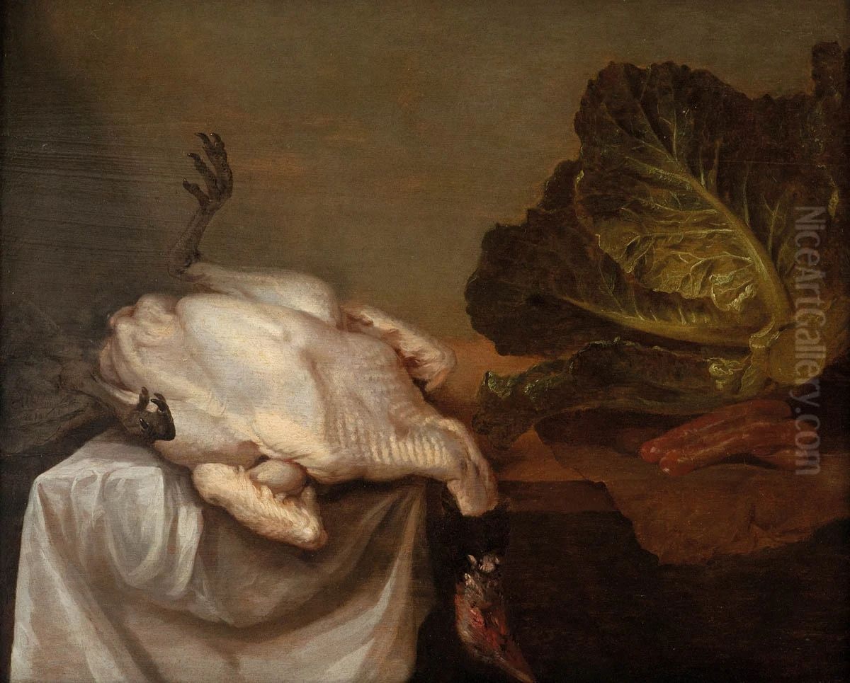 Still life with a turkey, a green cabbage and sausages on a tablecloth Oil Painting by Carel Hardy