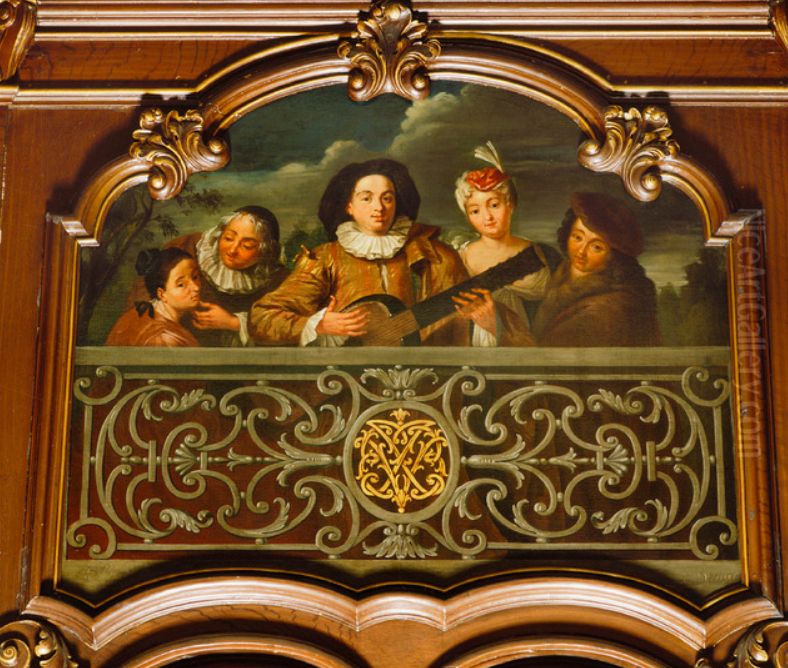 Elegant company with guitar player behind a balustrade Oil Painting by Frans Breydel