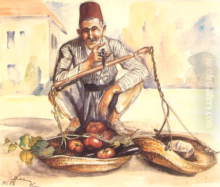 Marchand Ambulant A Beyrouth. Oil Painting by Moustafa Farroukh