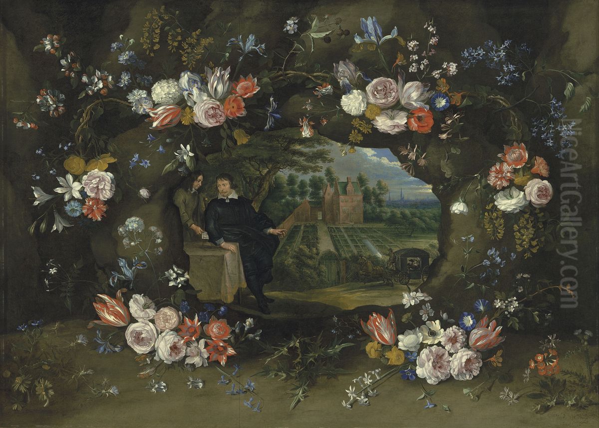 Portrait of Nicolaas de Man in the grounds of his country estate in the neighbourhood of Antwerp, surrounded by a garland of flowers Oil Painting by Jan Thomas van Ieperen