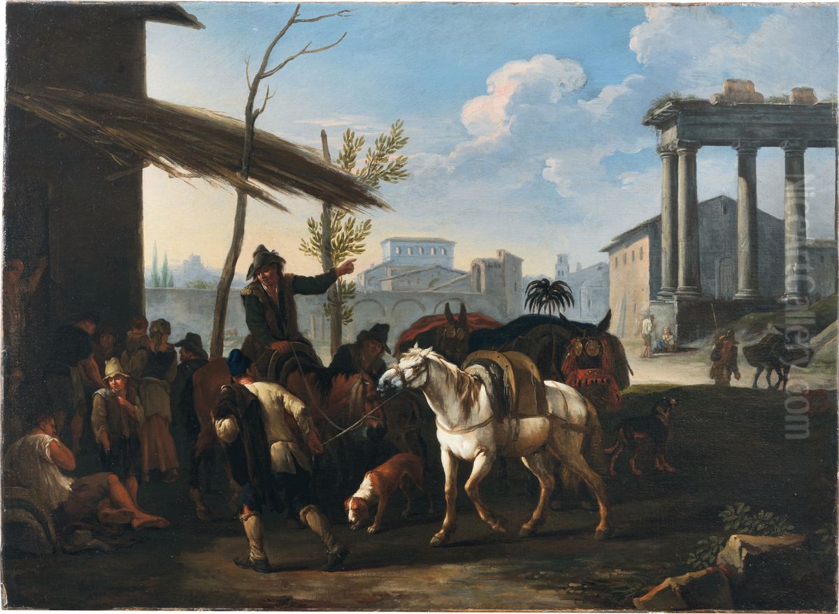 Peasants outside an inn, a town and ancient ruins beyond Oil Painting by Pieter van Bloemen