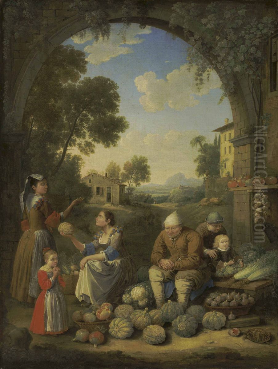 A lady with children visiting a village vegetable stand Oil Painting by Hendrik Frans van Lint (Studio Lo)