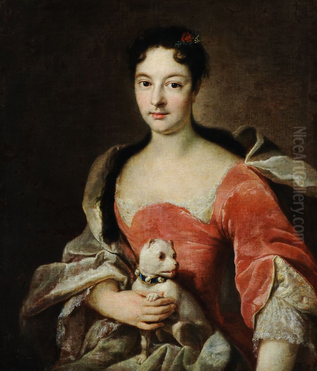 Portrait of a Lady of the d'Hervart Family with a Dog on Her Lap Oil Painting by Johann Rudolf Huber