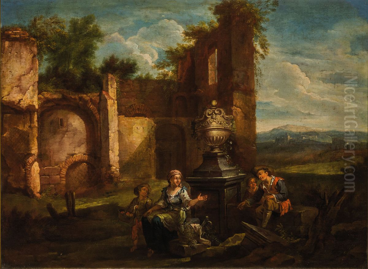 Landscape with ruins and fruit sellers Oil Painting by Ignatius de Beckers
