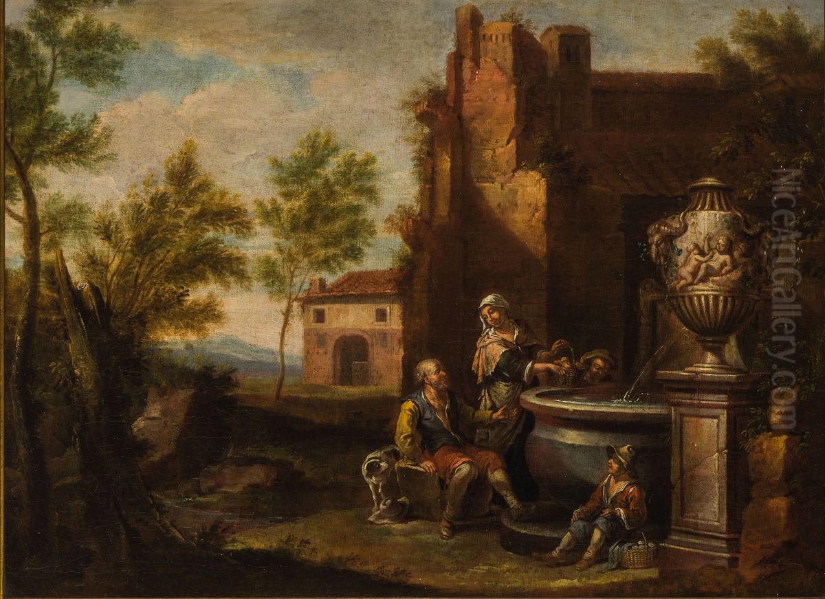 Landscape with ruins and figures near a well Oil Painting by Ignatius de Beckers