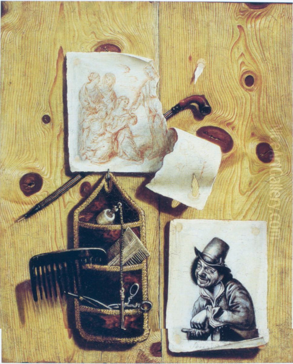 Trompe l'oeil of prints and other objects pinned to a wooden partition Oil Painting by Jacobus Plasschaert