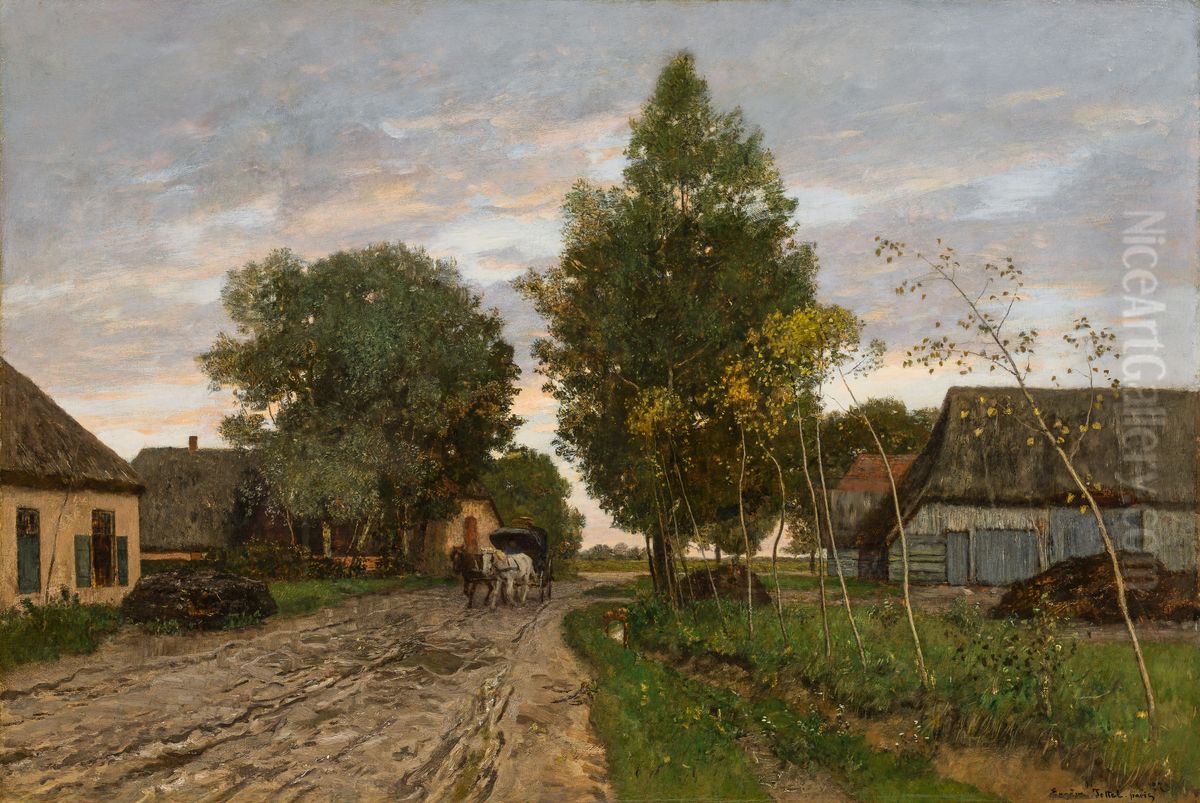 Village street with horse cart Oil Painting by Eugen Jettel