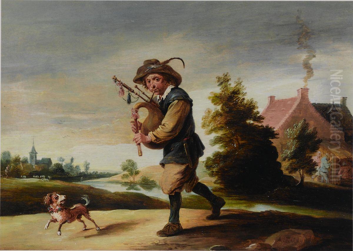 A boor playing a bagpipe in a landscape Oil Painting by Abraham Teniers