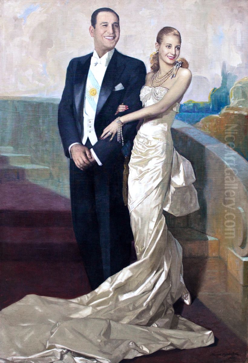 Retrato del general Juan Domingo Peron y su senora esposa Maria Eva Duarte de Peron Oil Painting by Numa Ayrinhac
