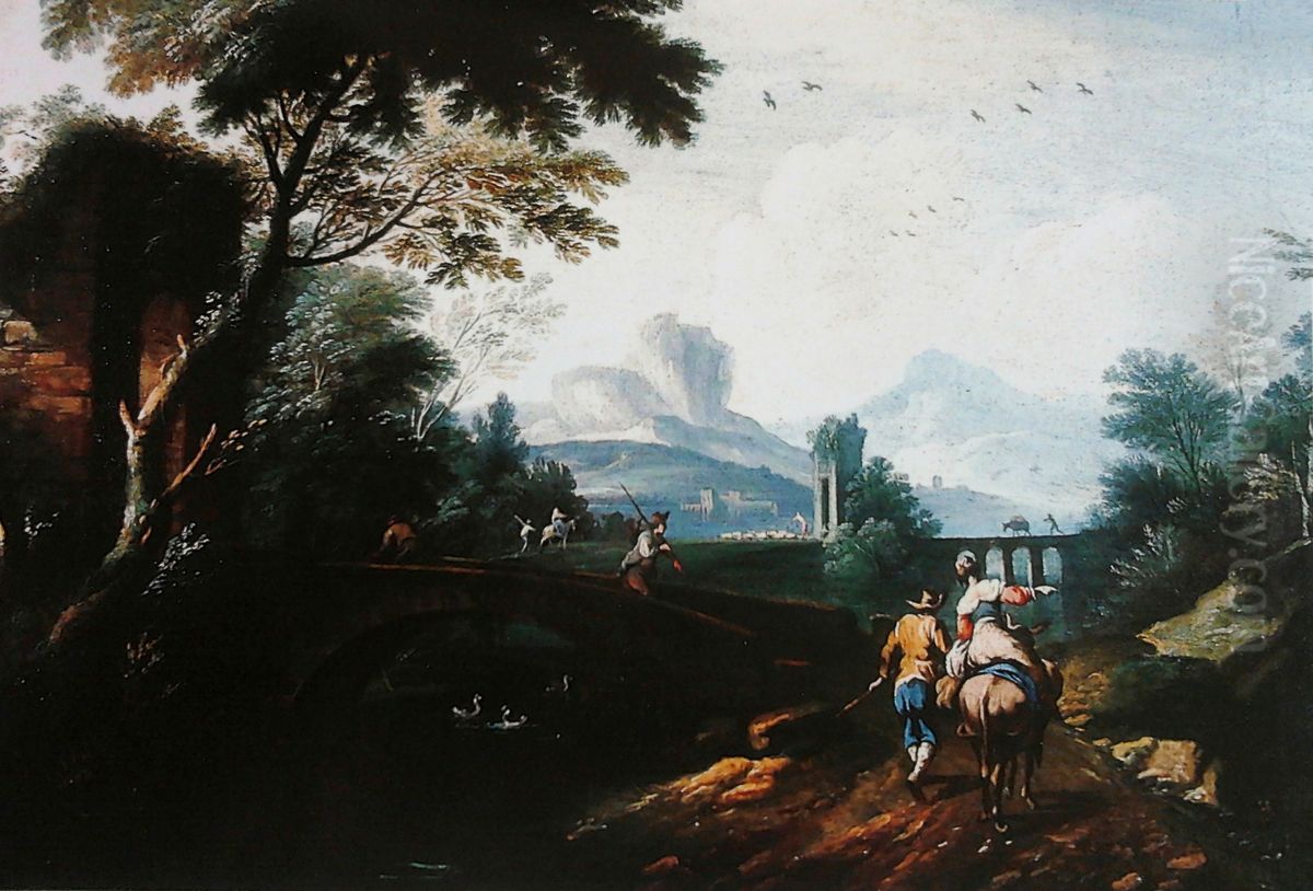 Landscape with a river and a pair of villagers. Oil Painting by Tomaso Porta