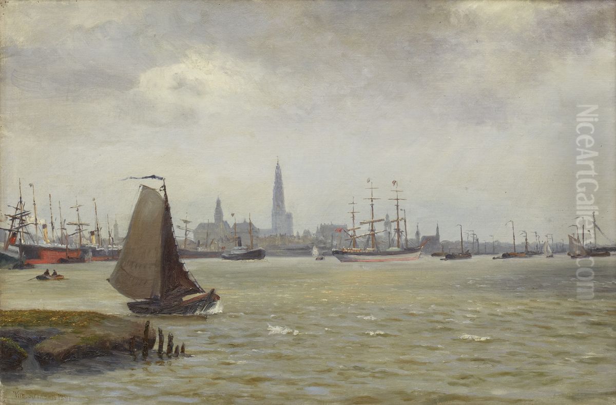 Fartojer pa Maas. Oil Painting by Vilhelm Arnesen