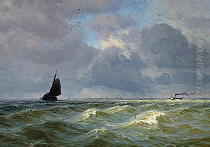 Sailboats and a steamer off the Dutch coast. Oil Painting by Vilhelm Arnesen