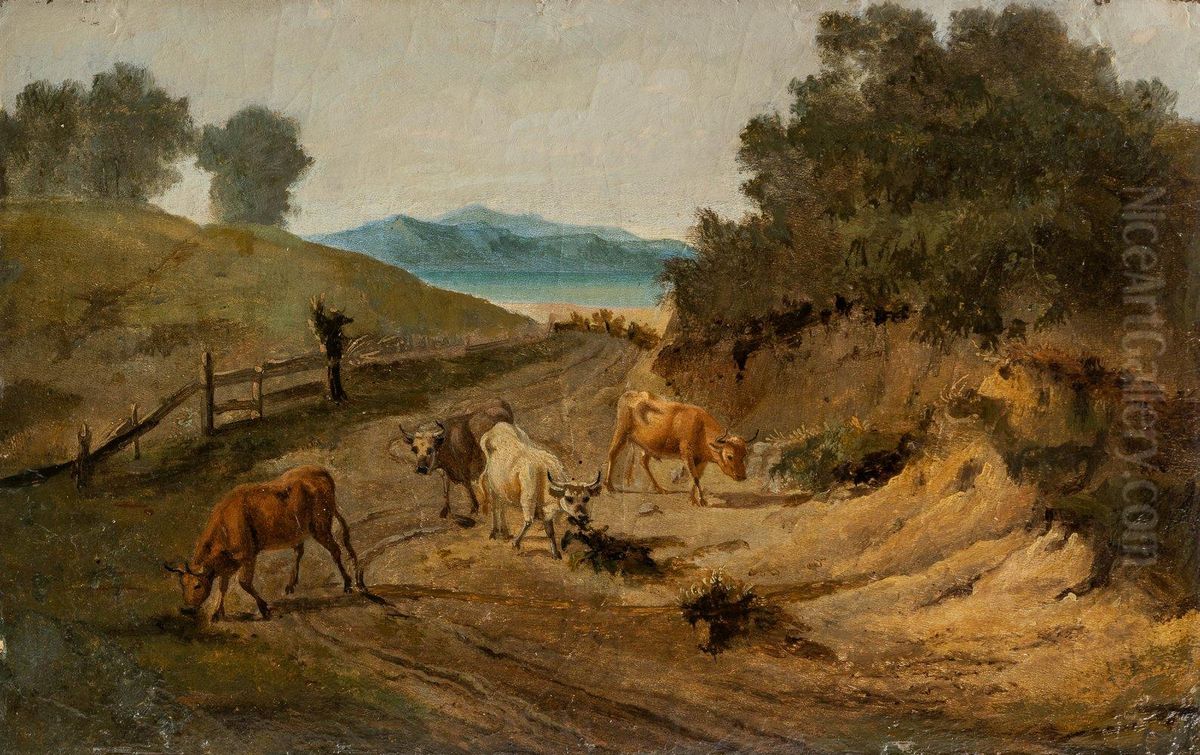 Four young bulls on a sandy path, in the distance a lake Oil Painting by Albert Becker