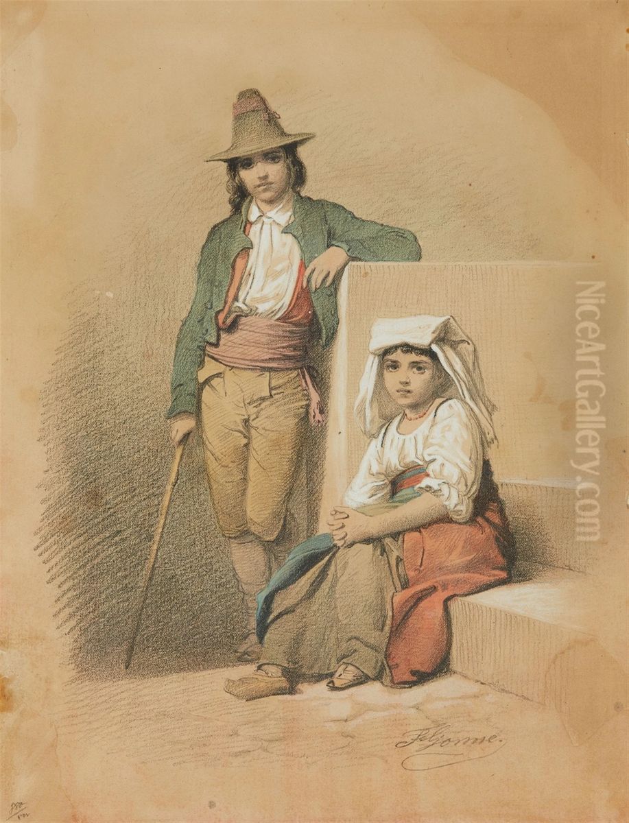 Two Italian youths Oil Painting by Friedrich Gonne