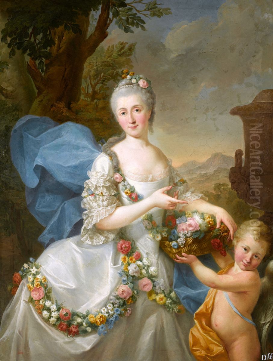 Portrait of Apolonia Poniatowska nee Ustrzycka and her son Stanislaw as Flora and Amor. Oil Painting by Marcello Bacciarelli