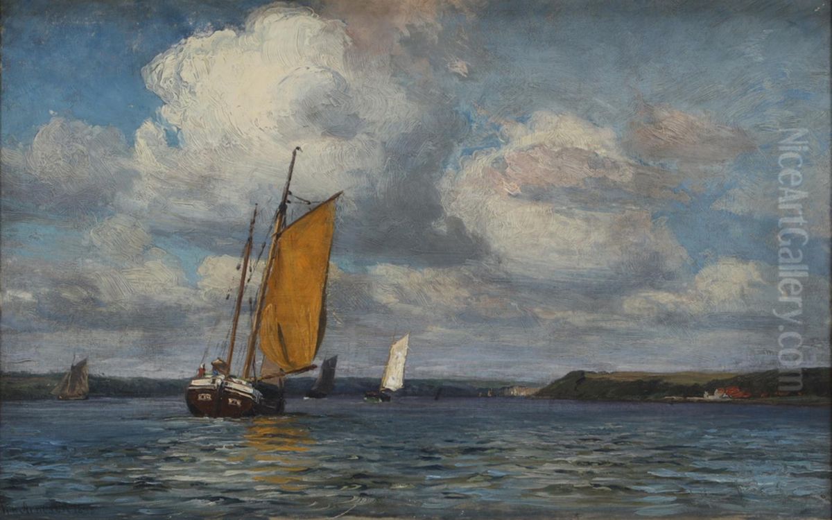 Sailing ships off a coast. Oil Painting by Vilhelm Arnesen