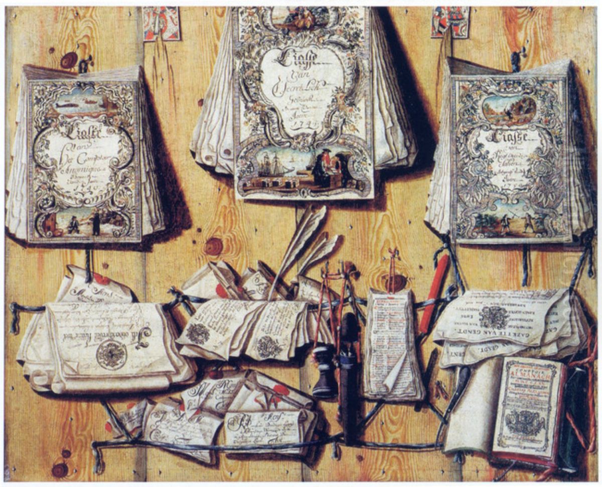 Trompe l'oeil of documents and an almanac hung on a wooden partition Oil Painting by Jacobus Plasschaert