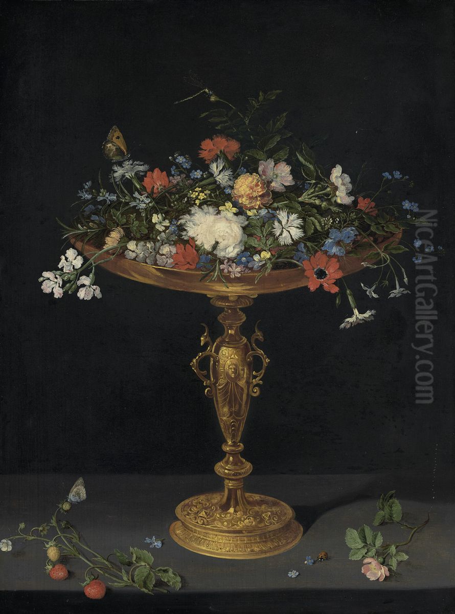 Flowers in a tazza on a ledge Oil Painting by Jan Brughel