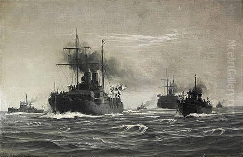 En dansk eskadre pa vej til Kiel. Oil Painting by Vilhelm Arnesen