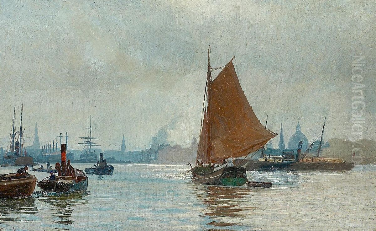 A busy view of the port of Copenhagen. Oil Painting by Vilhelm Arnesen