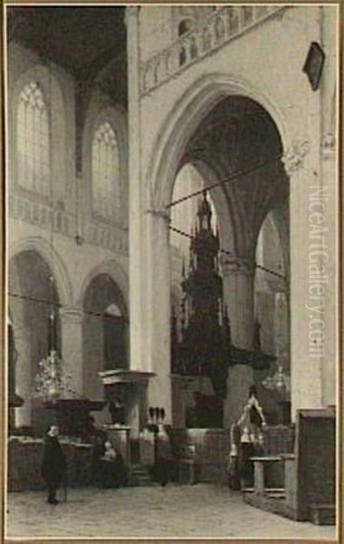 Gezicht in het interieur van de Nieuwe Kerk, preekstoel links Oil Painting by Jan Jacob Schenkel