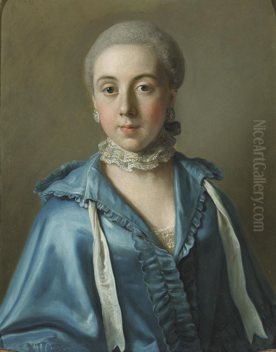 Portrait of a lady with a blue dress and lace collar Oil Painting by Jean-Etienne Liotard