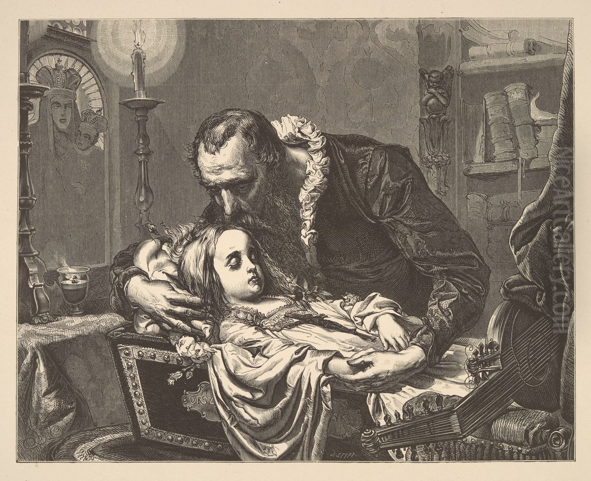 Jan Kochanowski over the corpse of his daughter Ursula Oil Painting by Jan Matejko