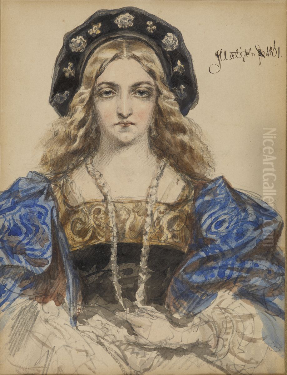 Portrait of a Young Woman - Portrait Study of Queen Bona (According to a Contemporary Woodcut) Oil Painting by Jan Matejko