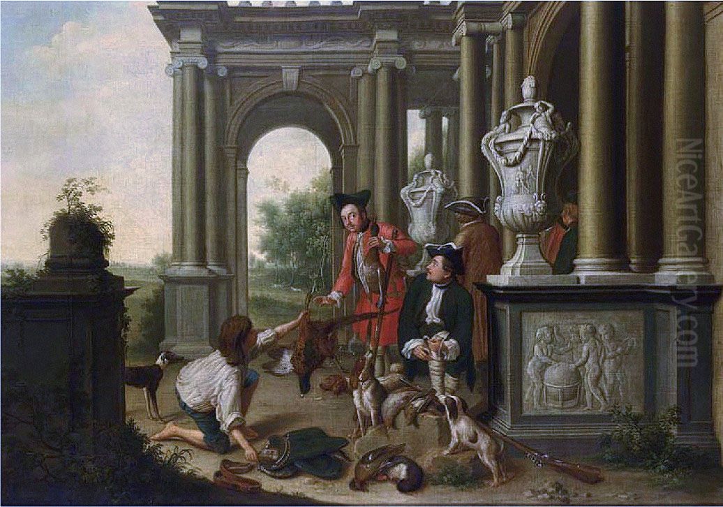 The failed hunt, a young poacher offering a pheasant to two sportsmen, near a classical building Oil Painting by Peter Jacob Horemans