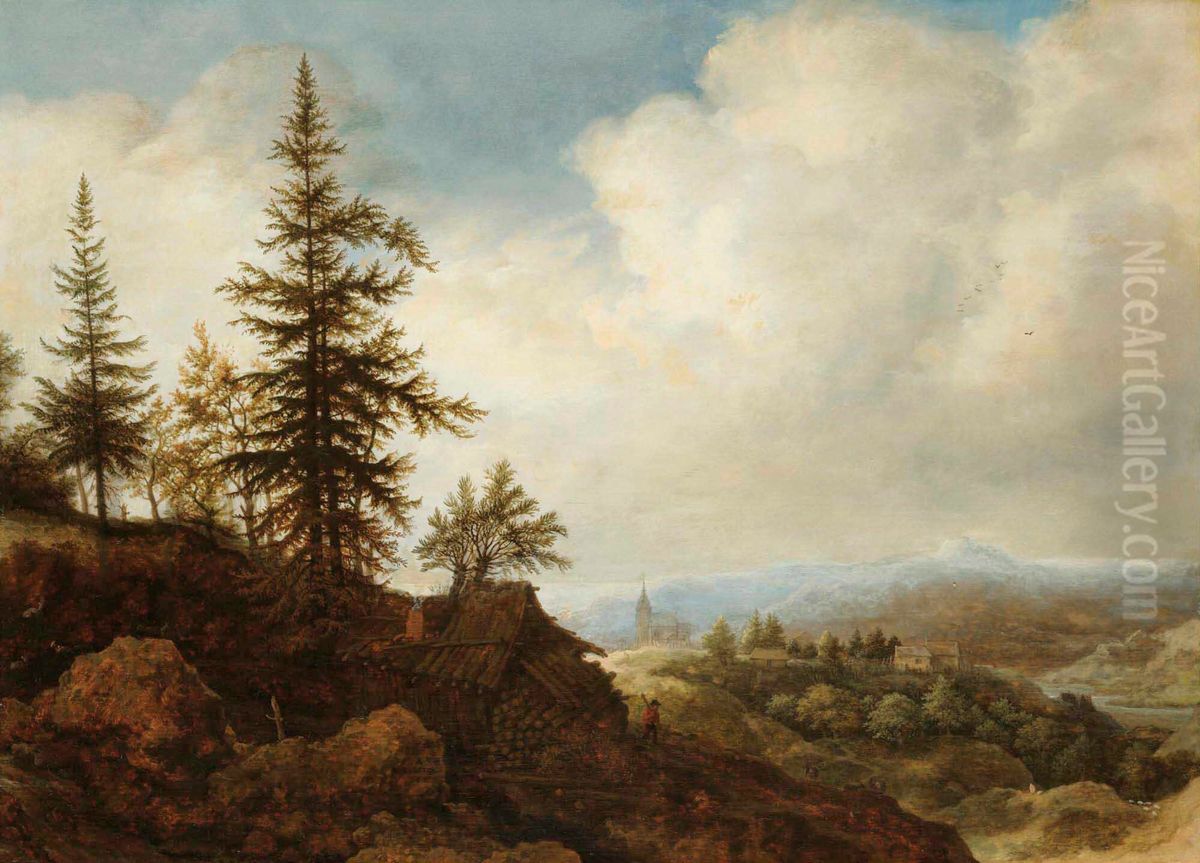 Berglandschap met figuren bij een houten schuur, in de verte een kerk Oil Painting by Allaert van Everdingen