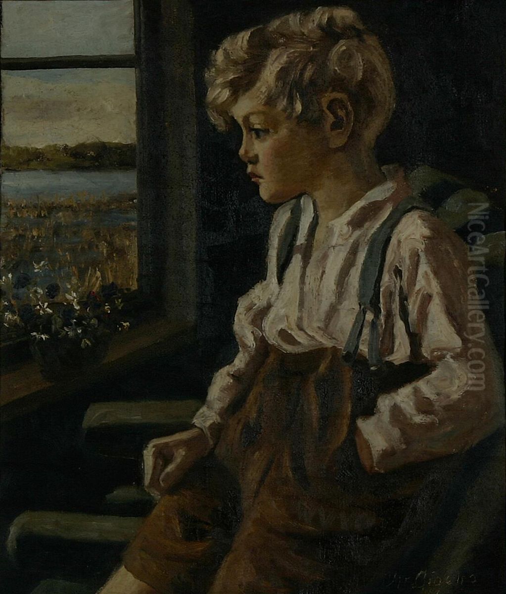 A boy at a window with flowers. Oil Painting by Christian Aigens