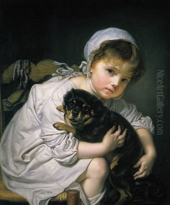 Young girl with a dog Oil Painting by Jean-Baptiste Greuze