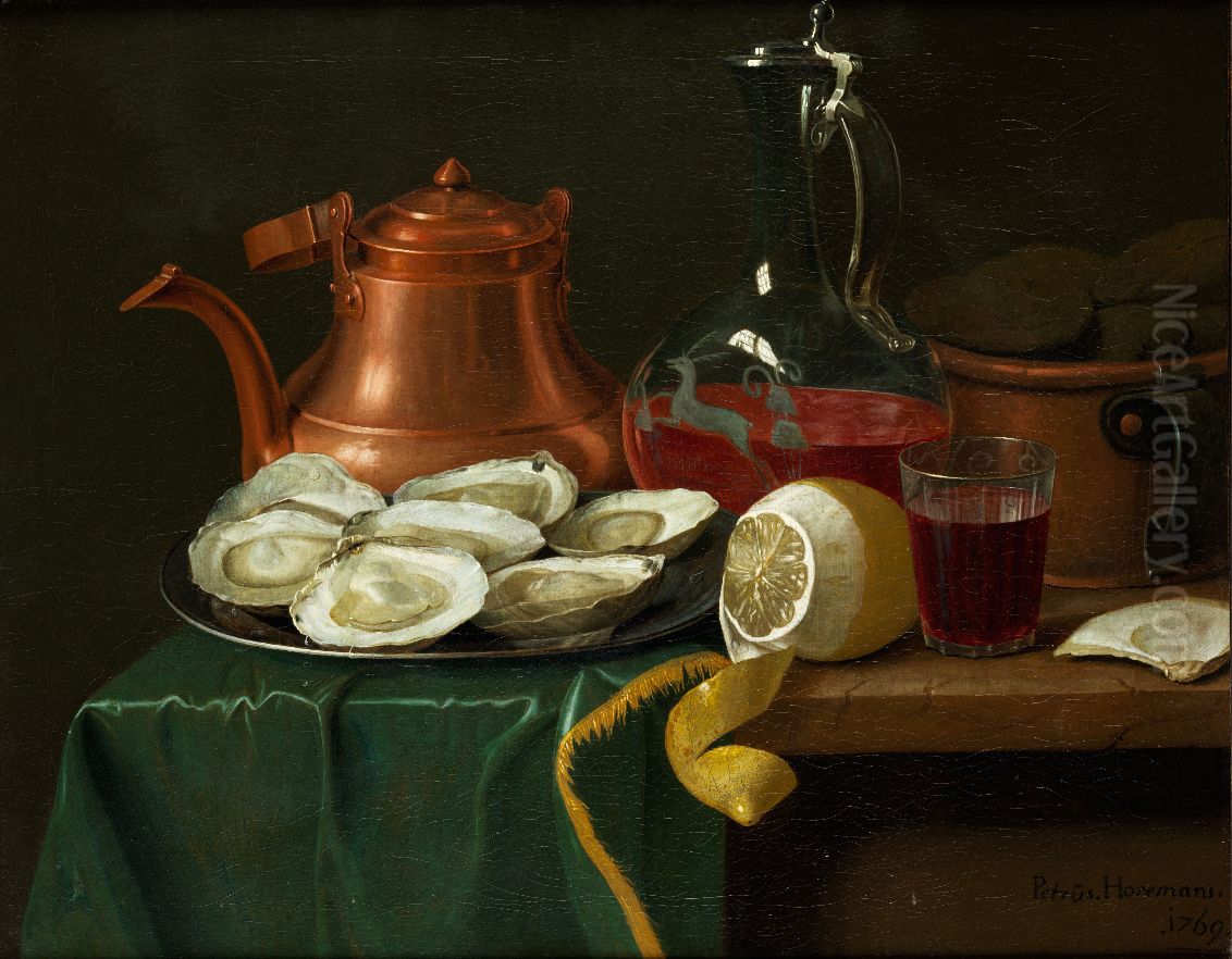 Still life with oysters, lemon, carafe and copper mug Oil Painting by Peter Jacob Horemans