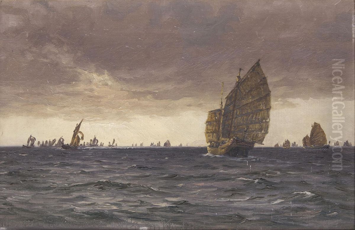 Chinese fishing junks at sea. Oil Painting by Vilhelm Arnesen