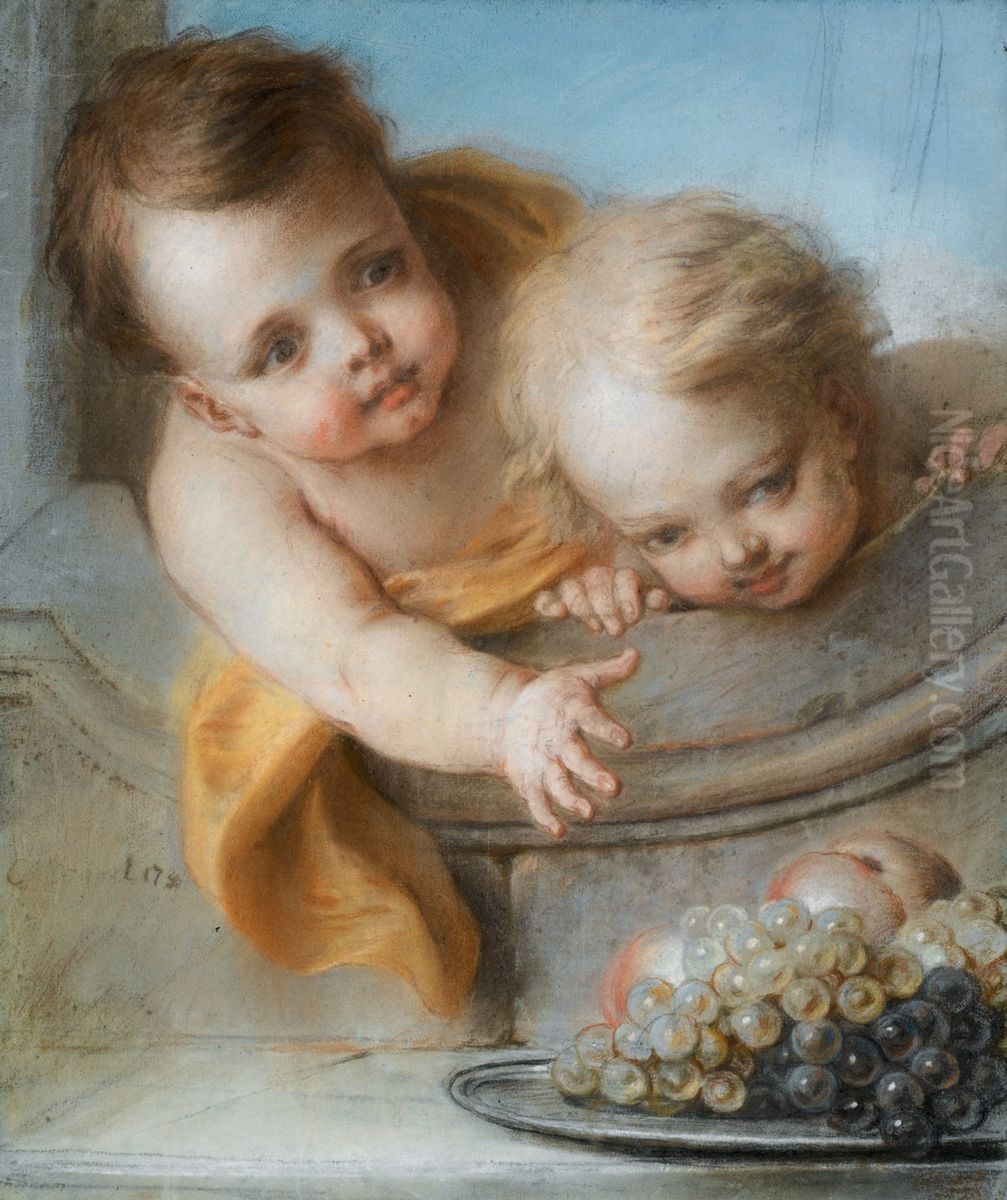 Allegory of autumns, Two children holding a tray with peaches and grapes Oil Painting by Charles-Antoine Coypel