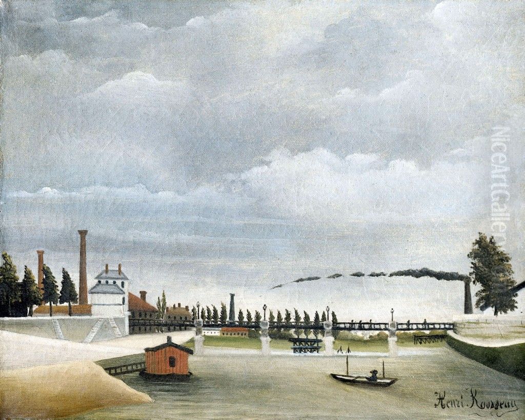 Vue de la passerelle de Passy (bords de la Seine) Oil Painting by Henri Julien Rousseau