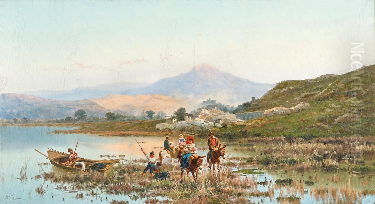 A fisherman's family by Lake Fucino Oil Painting by Pietro Barucci