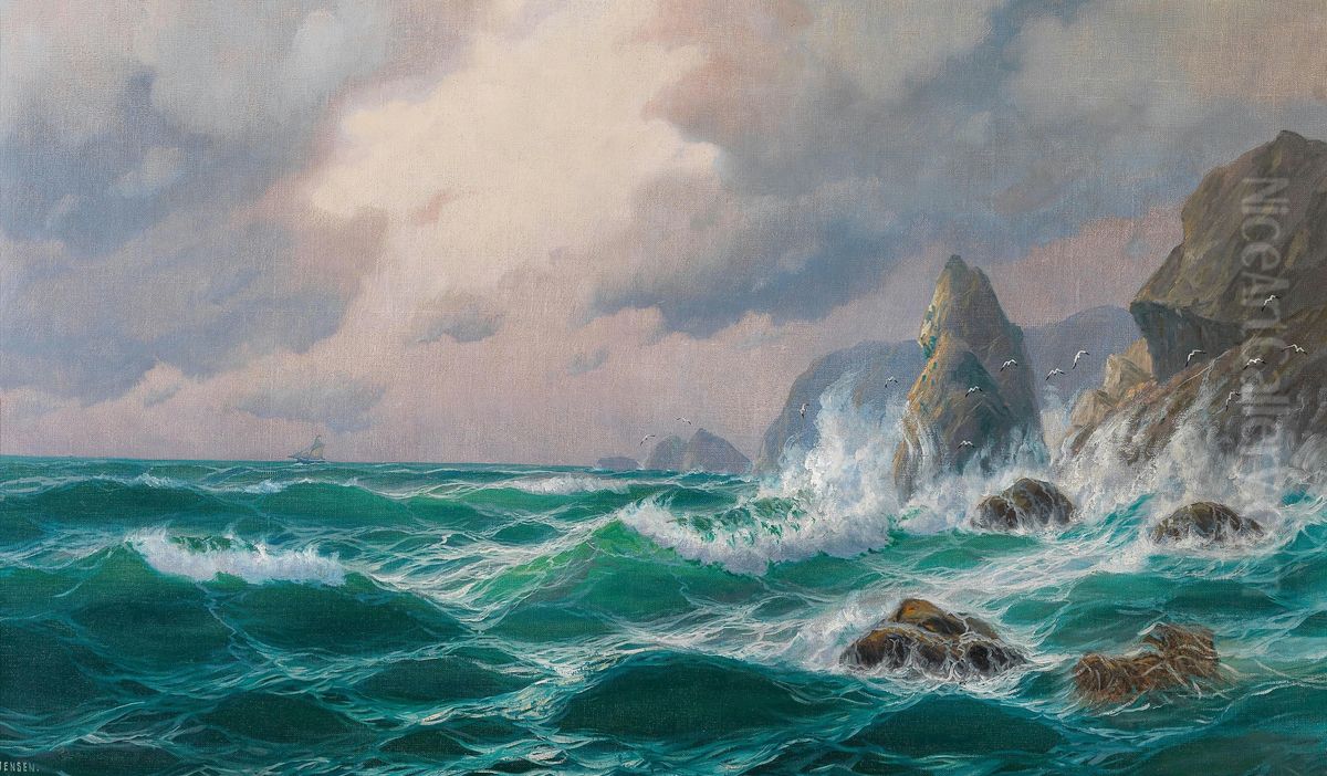 Stormy Sea before a Rocky Coast Oil Painting by Max Jensen