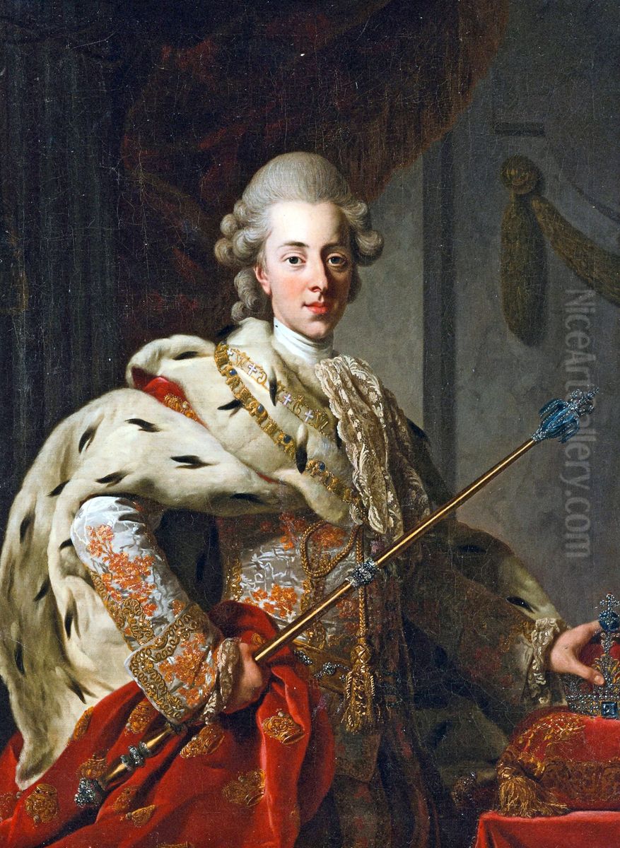 Portrait of King Christian VII of Denmark, half-length, in coronation robes and holding a crown and sceptre Oil Painting by Alexander Roslin