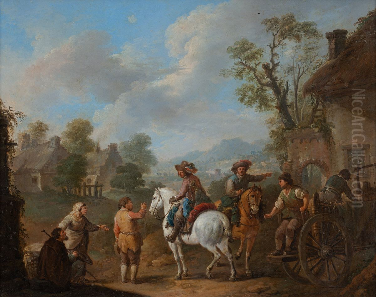 Noblemen on horseback conversing with peasants Oil Painting by Carel van Falens or Valens