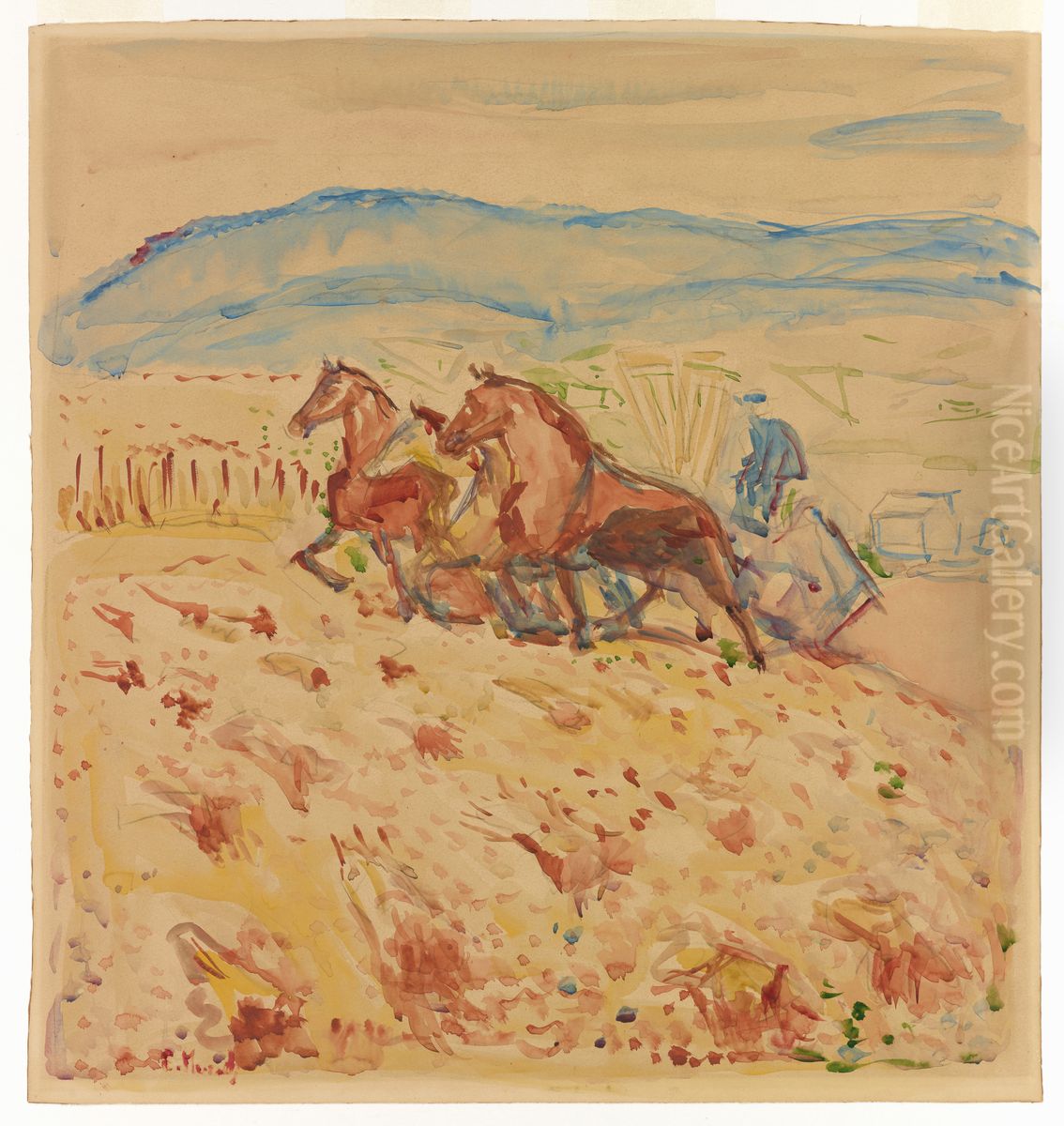 Horse Team in a Field Oil Painting by Edvard Munch