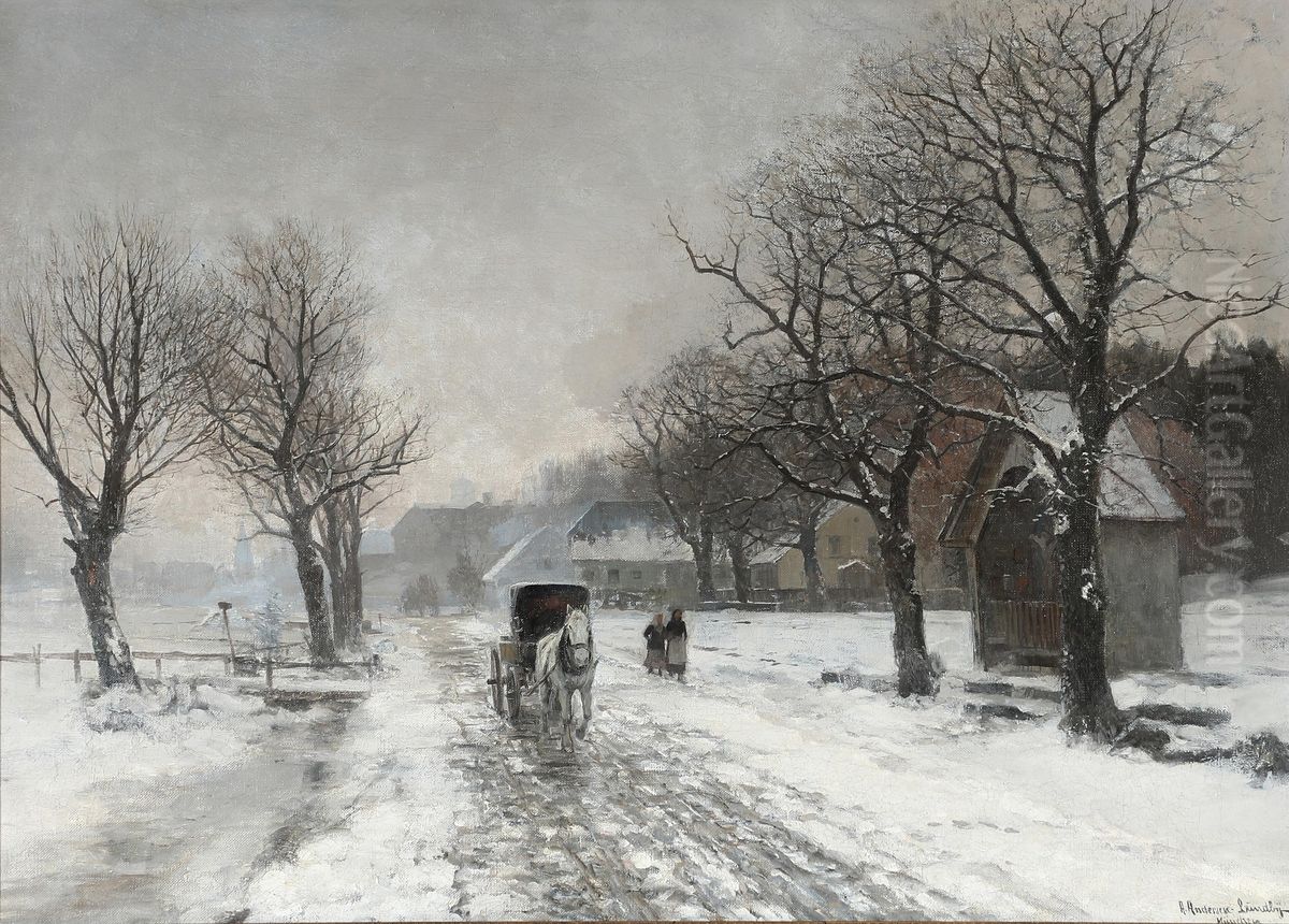 A horse pulling a cart in a winter landscape. Oil Painting by Anders Andersen-Lundby