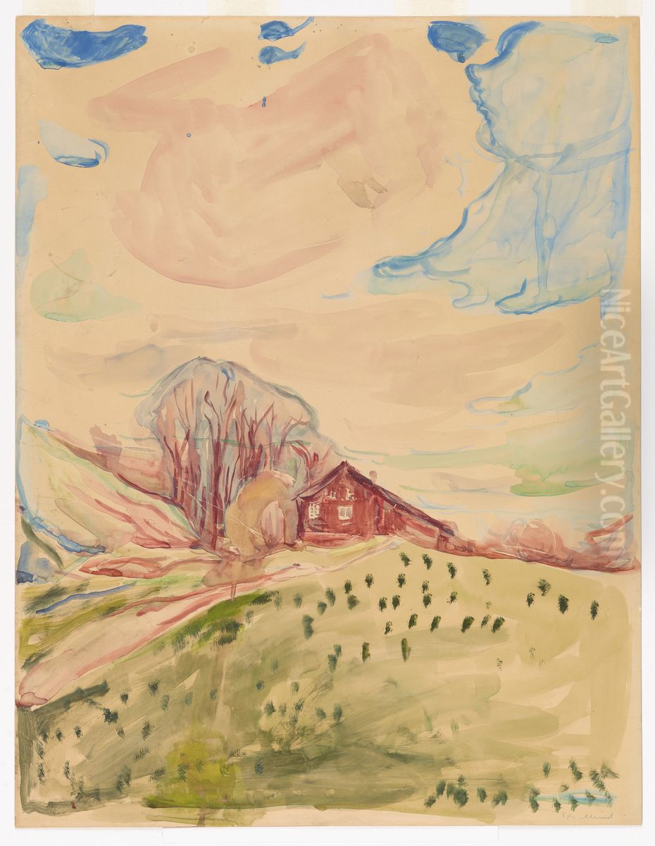 Landscape with a Red Barn Oil Painting by Edvard Munch