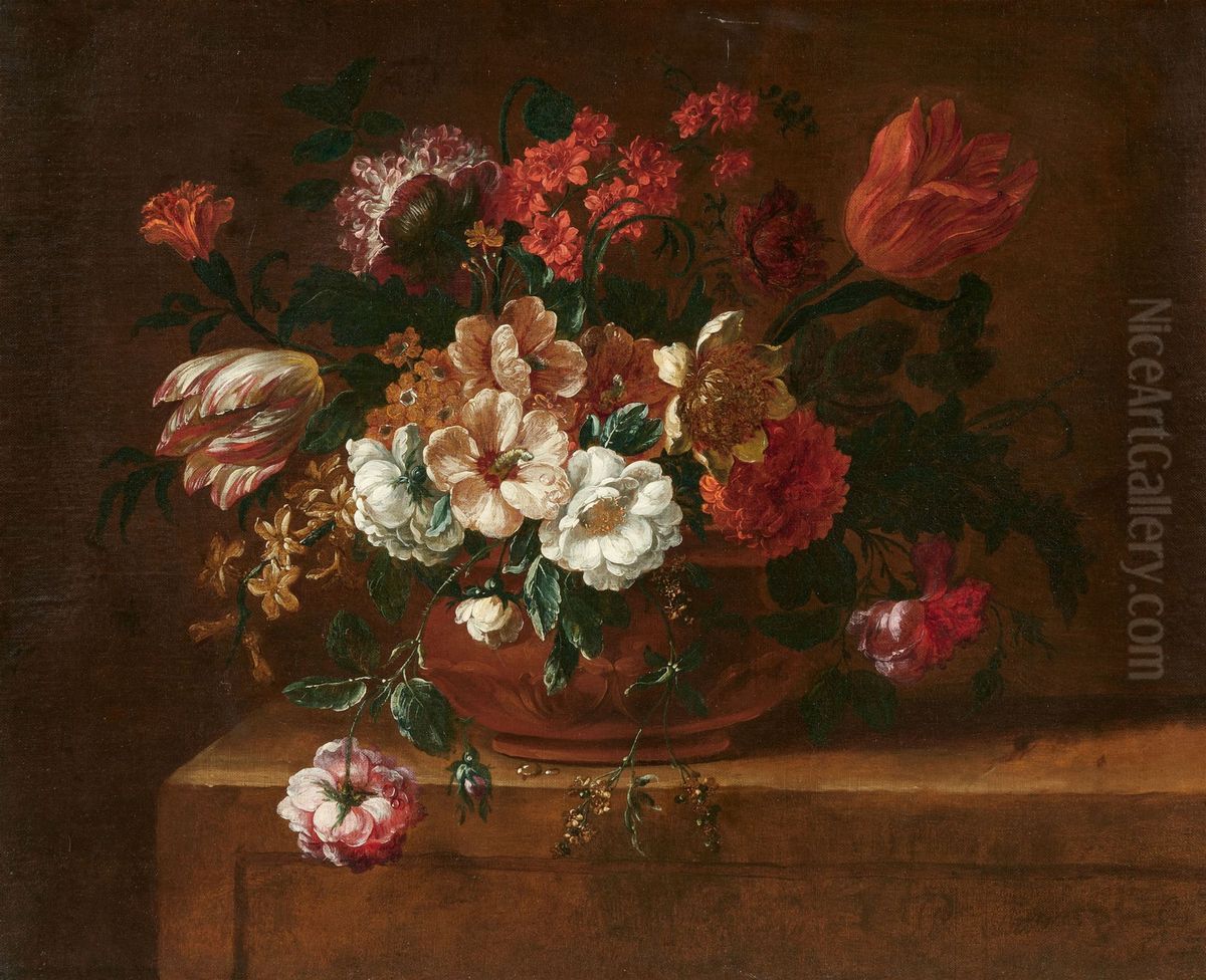 Flowers in a vase on a stone pedestal Oil Painting by Peter Frans Casteels
