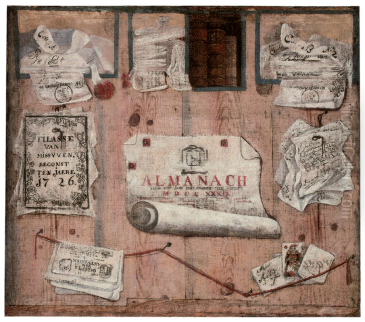 Trompe l'oeil of an almanac, with pages pinned to a wooded partition Oil Painting by Jacobus Plasschaert