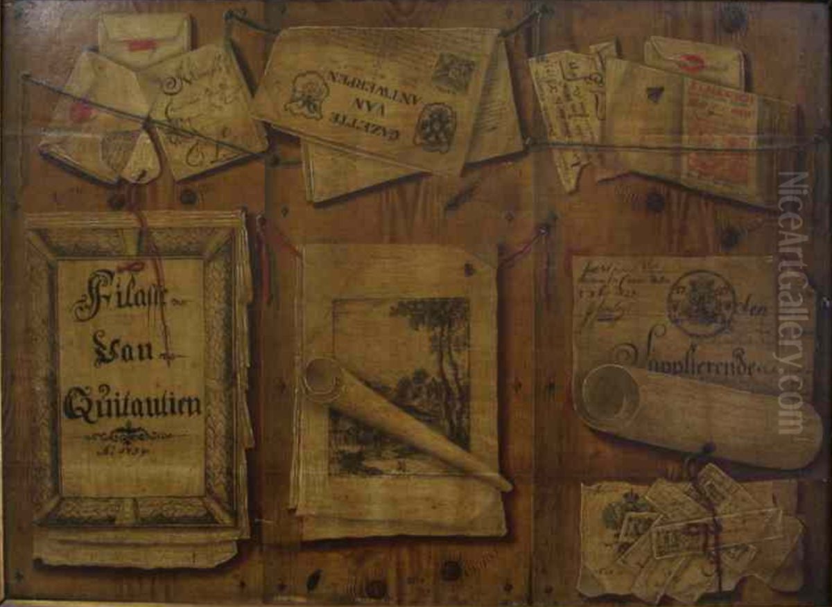 Trompe l'oeil of prints, newspapers and other documents pinned to a wooden partition Oil Painting by Jacobus Plasschaert
